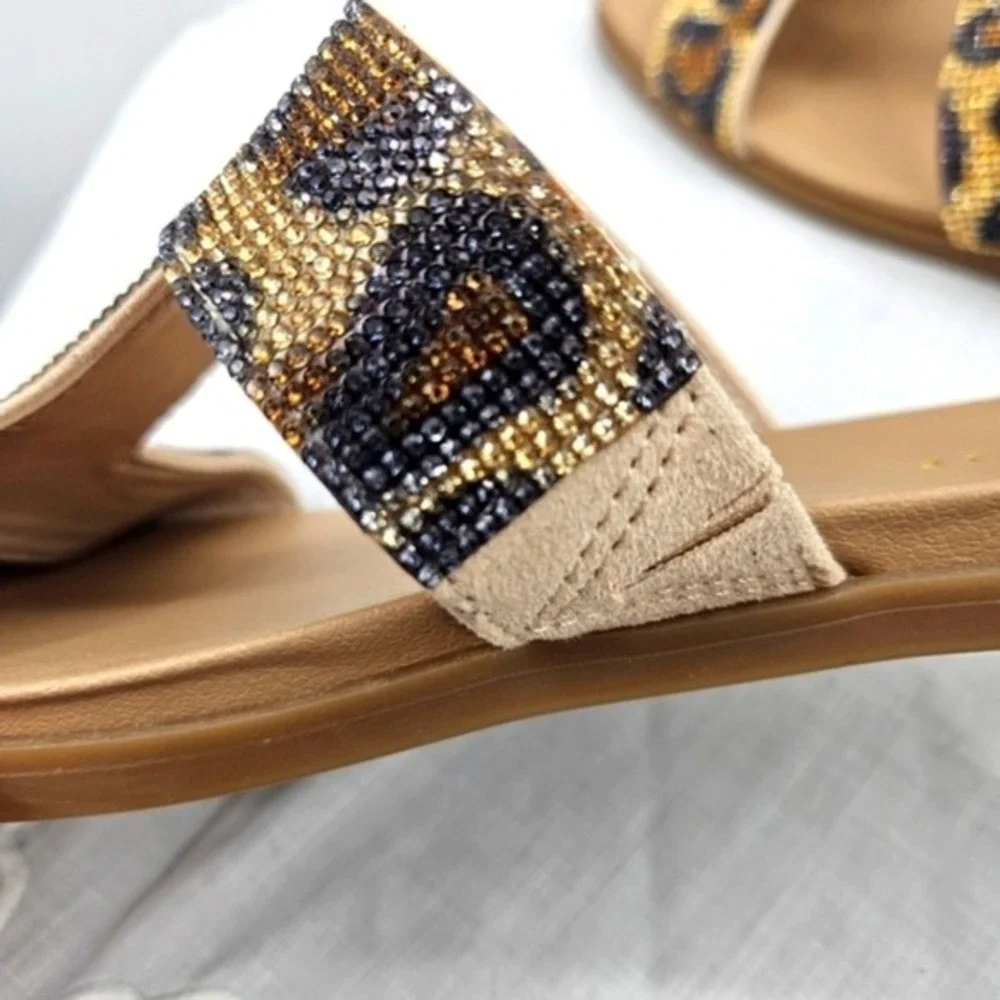 Kelly &‎ Katie Frillian Leopard Rhinestone Slide Sandals Tan Women's9M